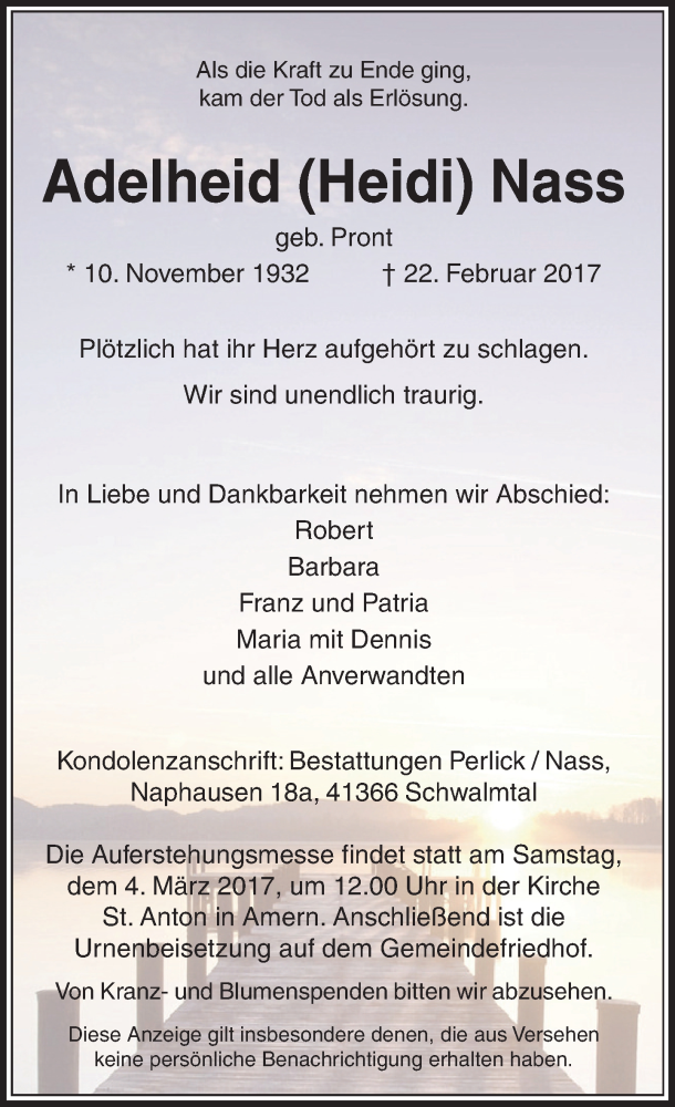  Traueranzeige für Adelheid Nass vom 25.02.2017 aus Rheinische Post