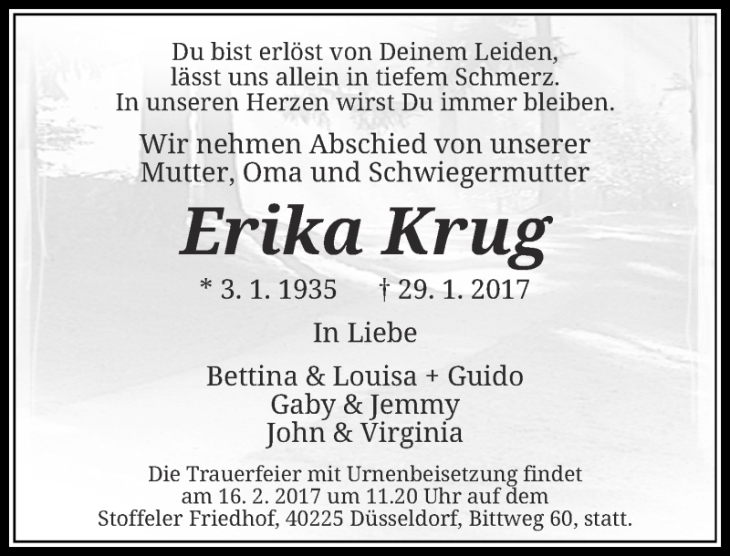  Traueranzeige für Erika Krug vom 04.02.2017 aus Rheinische Post