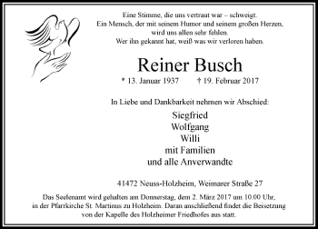 Traueranzeige von Reiner Busch von Rheinische Post