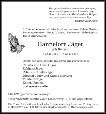 Traueranzeige von Hannelore Jäger von Rheinische Post