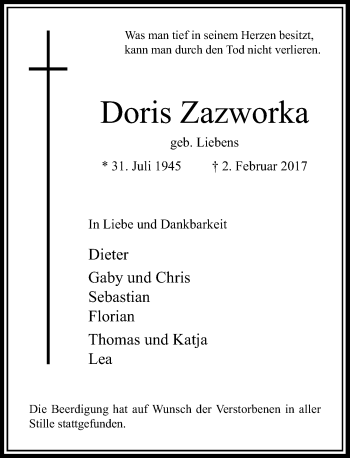 Traueranzeige von Doris Zazworka von Rheinische Post