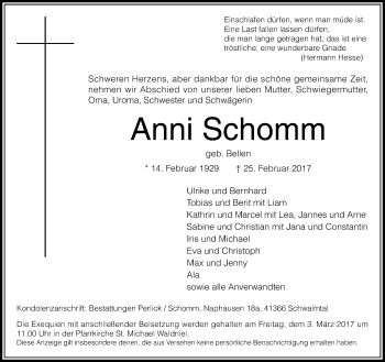 Traueranzeige von Anni Schomm von Rheinische Post