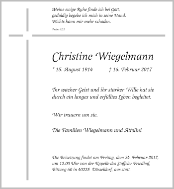 Traueranzeige von Christine Wiegelmann von Rheinische Post