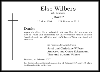 Traueranzeige von Else Wilbers von Rheinische Post