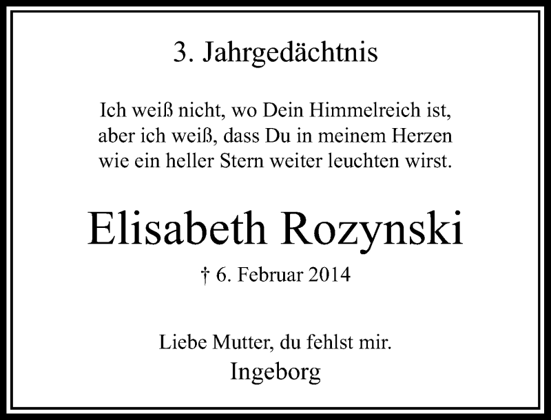  Traueranzeige für Elisabeth Rozynski vom 06.02.2017 aus Rheinische Post