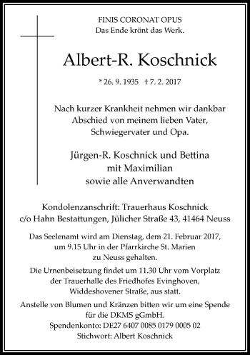 Traueranzeige von Albert Koschnick von Rheinische Post