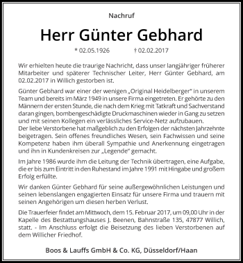 Traueranzeige von Günter Gebhard von Rheinische Post