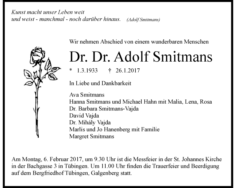  Traueranzeige für Adolf Smitmans vom 01.02.2017 aus Rheinische Post