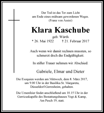 Traueranzeige von Klara Kaschube von Rheinische Post