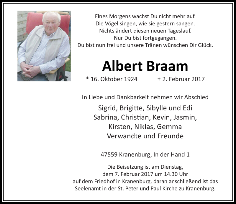  Traueranzeige für Albert Braam vom 04.02.2017 aus Rheinische Post