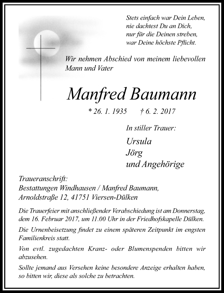  Traueranzeige für Manfred Baumann vom 11.02.2017 aus Rheinische Post