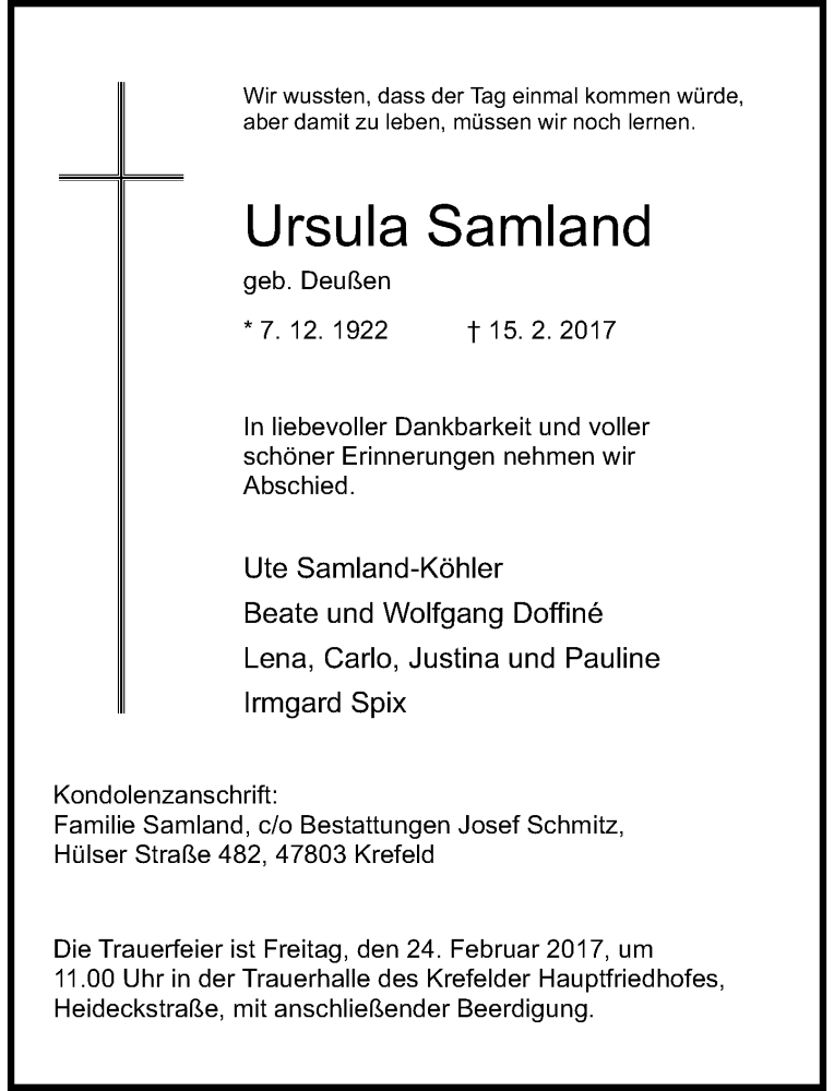  Traueranzeige für Ursula Samland vom 18.02.2017 aus Rheinische Post