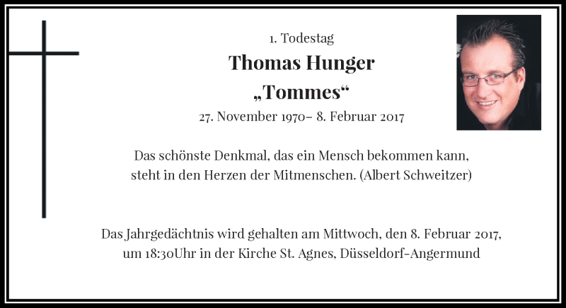  Traueranzeige für Thomas Hunger vom 04.02.2017 aus Rheinische Post