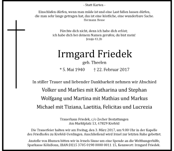 Traueranzeige von Irmgard Friedek von Rheinische Post