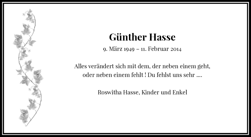  Traueranzeige für Günther Hasse vom 11.02.2017 aus Rheinische Post
