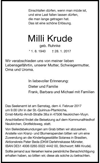 Traueranzeige von Milli Krude von Rheinische Post