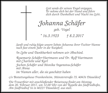 Traueranzeige von Johanna Schäfer von Rheinische Post