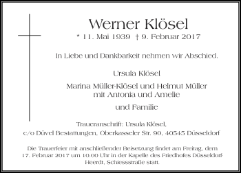 Traueranzeige von Werner Klösel von Rheinische Post