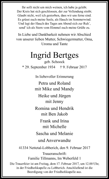 Traueranzeige von Ingrid Bertges von Rheinische Post
