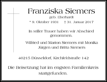 Traueranzeige von Franziska Siemers von Rheinische Post