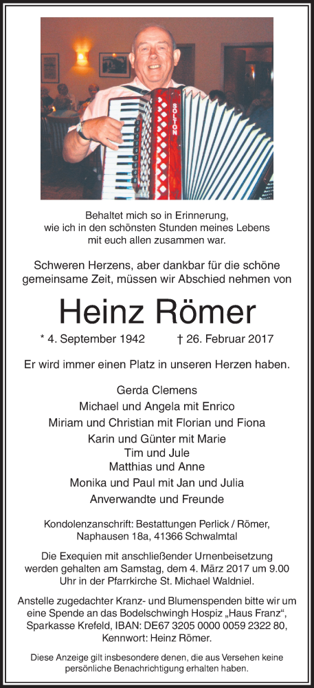  Traueranzeige für Heinz Römer vom 01.03.2017 aus Rheinische Post