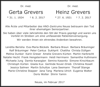 Traueranzeige von Gerta und Heinz Grevers von Rheinische Post