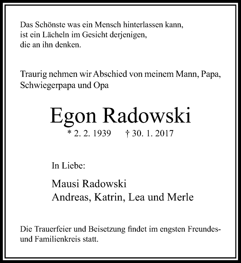 Traueranzeige für Egon Radowski vom 04.02.2017 aus Rheinische Post