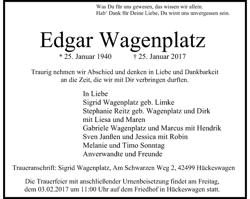  Traueranzeige für Edgar Wagenplatz vom 01.02.2017 aus Rheinische Post