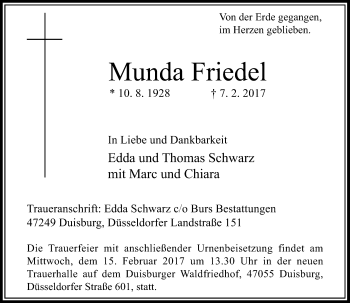 Traueranzeige von Munda Friedel von Rheinische Post
