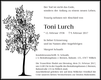 Traueranzeige von Toni Lurch von Rheinische Post