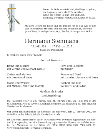Traueranzeige von Hermann Stenmans von Rheinische Post