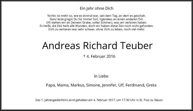  Traueranzeige für Andreas Richard Teuber vom 04.02.2017 aus Rheinische Post