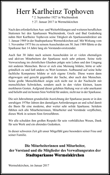 Traueranzeige von Karlheinz Tophoven von Rheinische Post