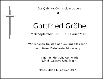 Traueranzeige von Gottfried Gröhe von Rheinische Post