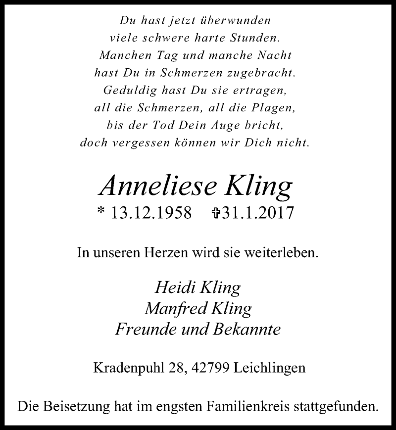  Traueranzeige für Anneliese Kling vom 11.02.2017 aus Rheinische Post