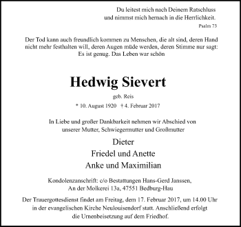 Traueranzeige von Hedwig Sievert von Rheinische Post
