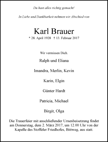 Traueranzeige von Karl Brauer von Rheinische Post