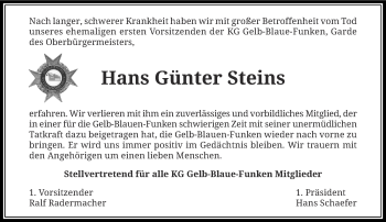 Traueranzeige von Hans Günter Steins von Rheinische Post