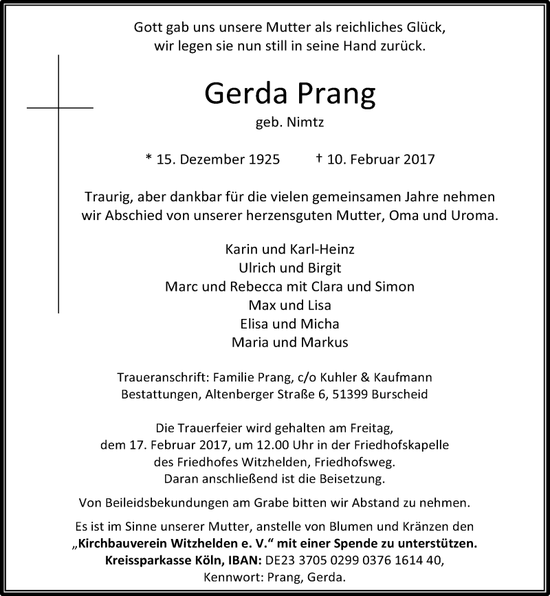  Traueranzeige für Gerda Prang vom 15.02.2017 aus Rheinische Post