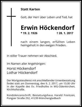 Traueranzeige von Erwin Höckendorf von Rheinische Post