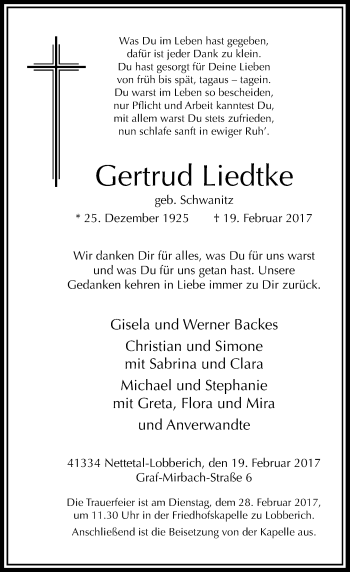 Traueranzeige von Gertrud Liedtke von Rheinische Post