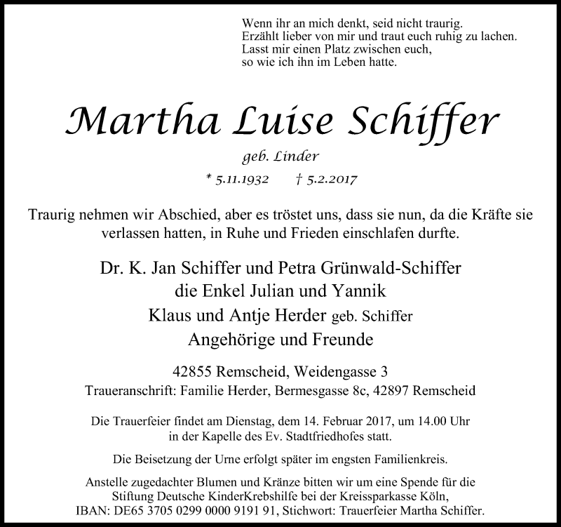  Traueranzeige für Martha Luise Schiffer vom 10.02.2017 aus Rheinische Post