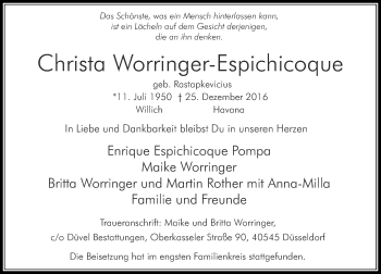 Traueranzeige von Christa Worringer-Espichicoque von Rheinische Post
