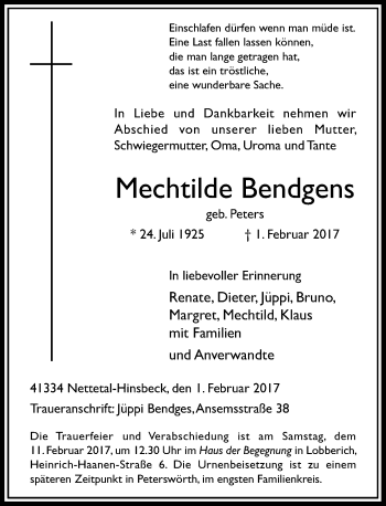 Traueranzeige von Mechtilde Bendgens von Rheinische Post
