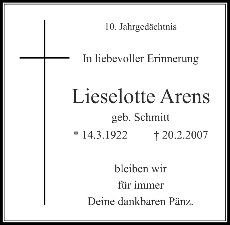  Traueranzeige für Lieselotte Arens vom 20.02.2017 aus Rheinische Post