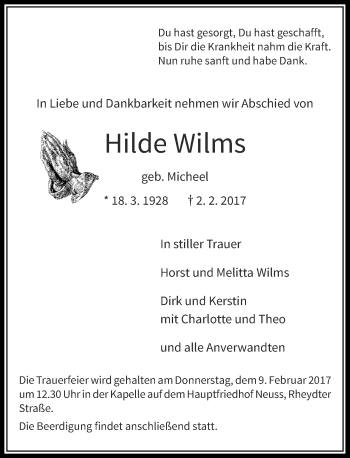 Traueranzeige von Hilde Wilms von Rheinische Post