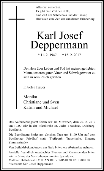 Traueranzeige von Karl Josef Deppermann von Rheinische Post