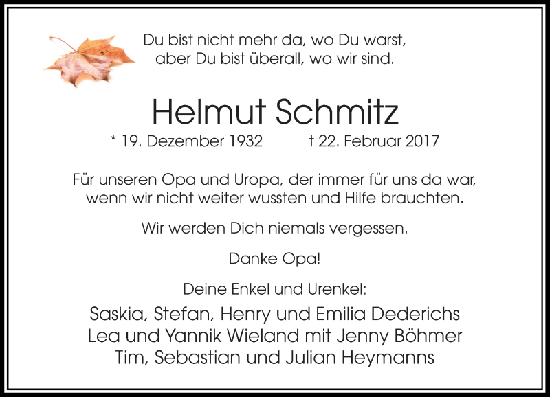  Traueranzeige für Helmut Schmitz vom 25.02.2017 aus Rheinische Post