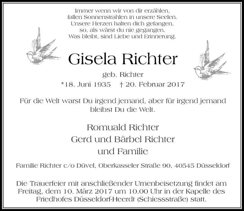  Traueranzeige für Gisela Richter vom 25.02.2017 aus Rheinische Post