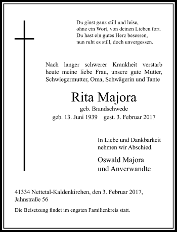 Traueranzeige von Rita Majora von Rheinische Post